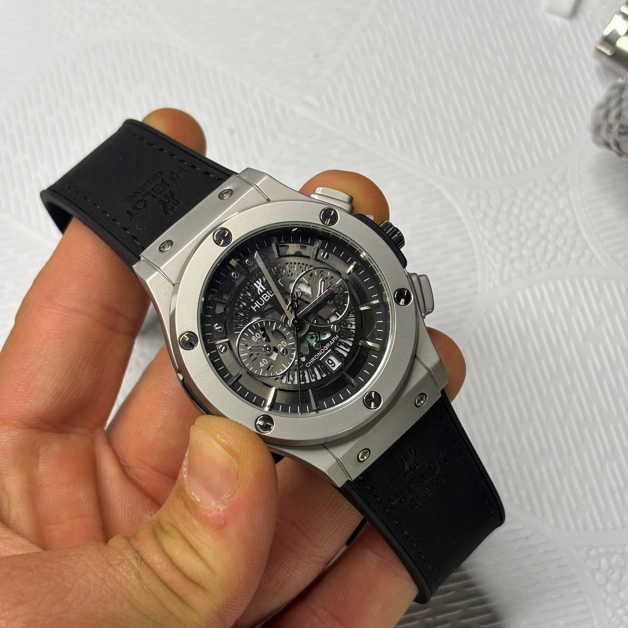 ساعت مچی مردانه طرح هابلوت Hublot Geneve مدل اسکلتون بند سیلیکونی مشکی