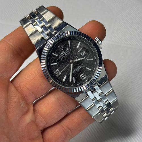 ساعت مچی مردانه طرح رولکس Rolex مدل Land-Dweller تمام استیل صفحه مشکی کندویی